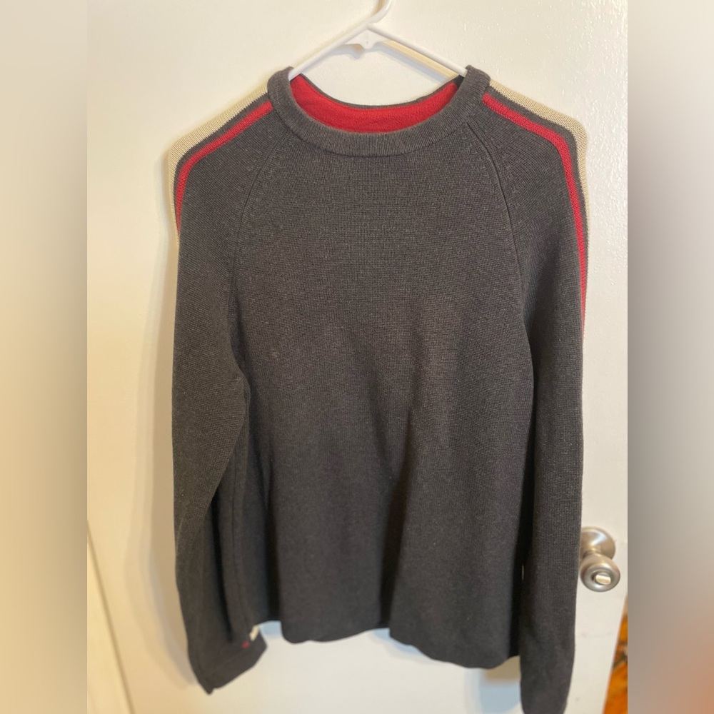 Eddie Bauer Charcoal Gray Sweater with Red and white stripes on sleeves